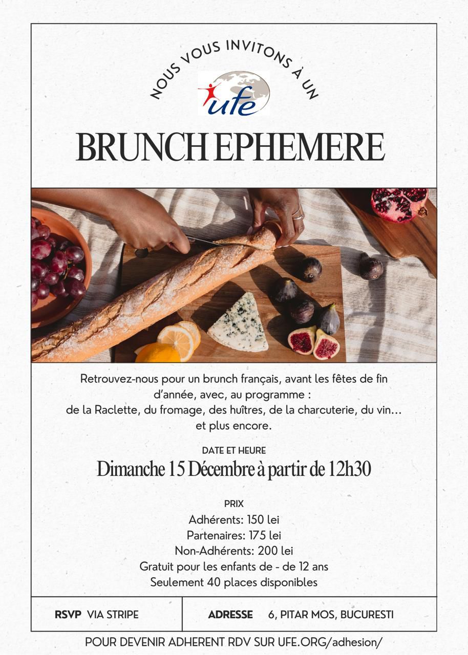 A poster with French text advertising a brunch event with details including date, time, and menu items like Raclette, cheese, oysters, and charcuterie. Hands are shown cutting bread with grapes and cheese visible on a table.